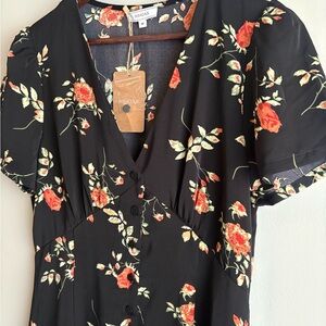 RIHOAS Black Floral Button-Front Midi Dress